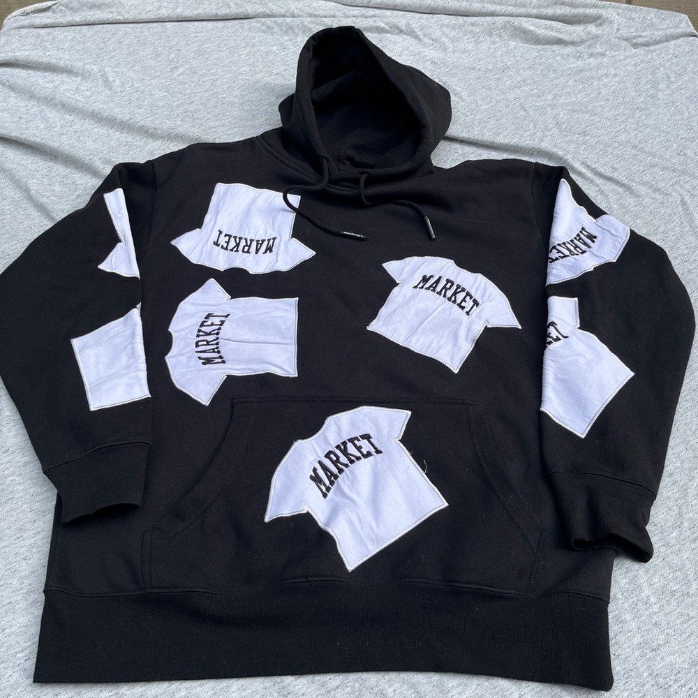 Market Mens Black T-Shirt Patchwork Hoodie Sweatshirt Size Large Streetwear
